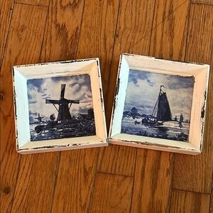 Ceramic Tile Windmill & Sailboat framed.  EUC Coasters or Decor